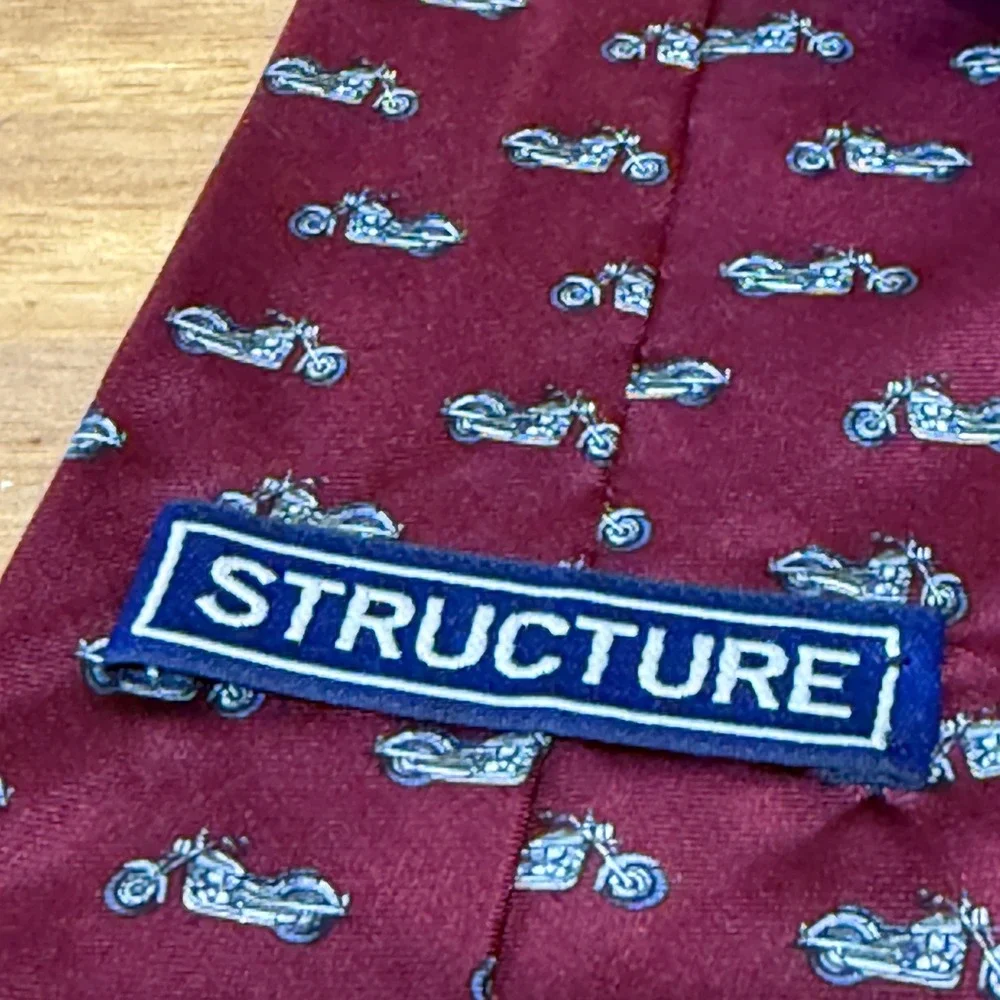 STRUCTURE Mens Burgundy Silk Motorcycle Print‎ Neck Tie Made in USA